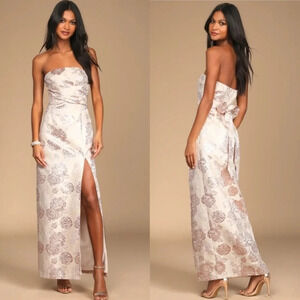 Lulu's Redefine Regal Pale Pink Floral Jacquard Strapless Maxi Dress Wedding